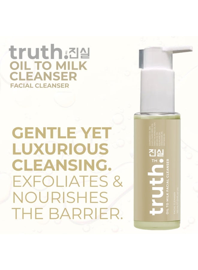 truth 진실 OIL TO MILK CLEANSER 100ml. GRAPESEED OIL + ARGAN OIL + SUNFLOWER SEED OIL + ALMOND OIL + SQUALANE. - Image 2